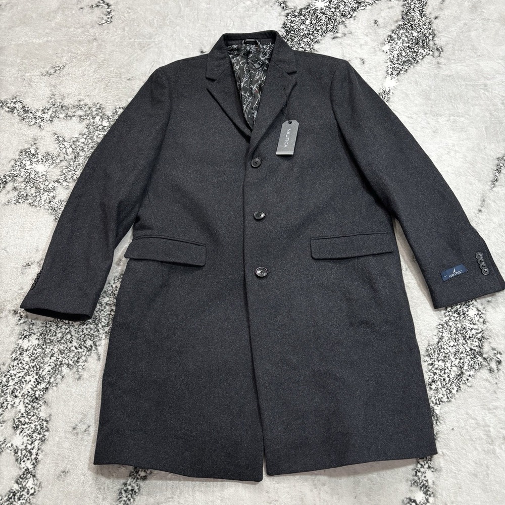 Nautica Top Coat Men's Size 42R Modern Fit Charcoal Wool Blend Overcoat NWT